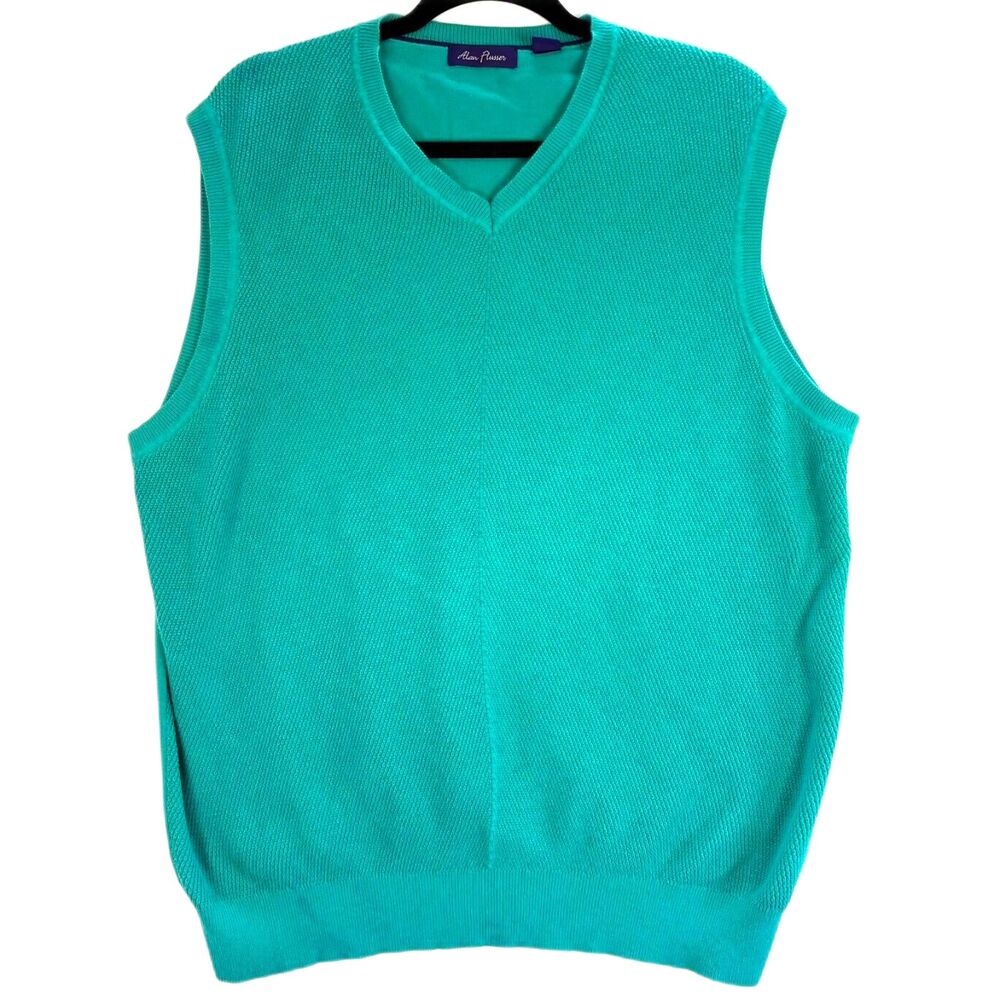 Alan Flusser Mens V-Neck Sweater Vest Green Textured Knit Golf Preppy XXL
